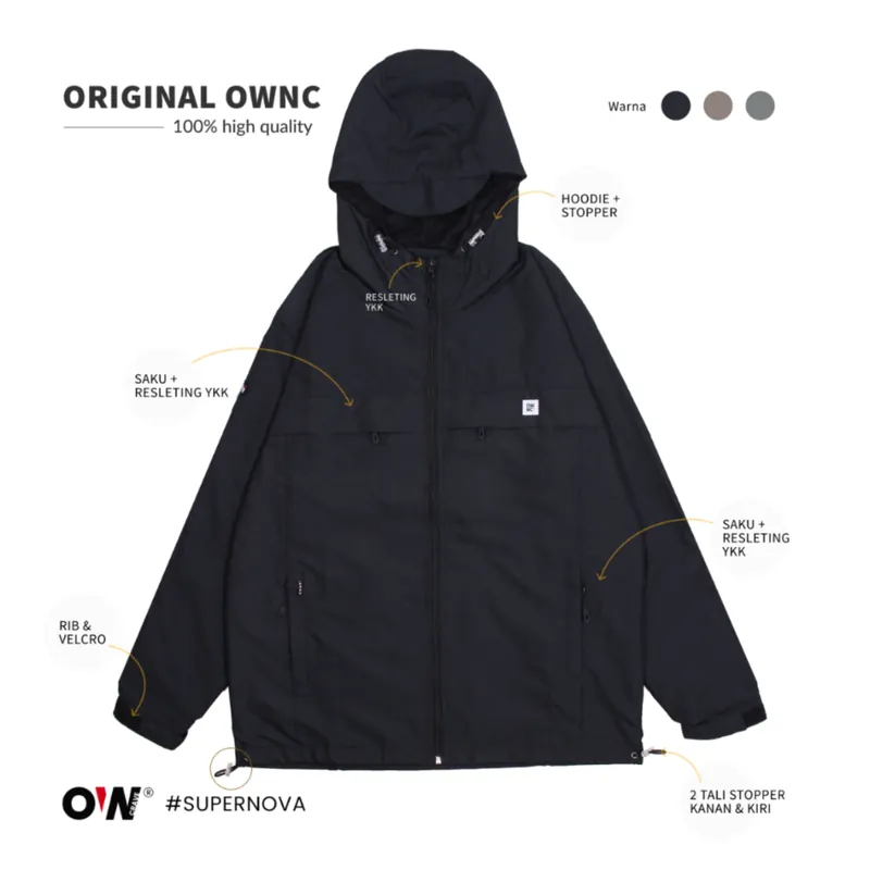 Jaket Supernova hitam, jaket parasut waterproof dengan hoodie
